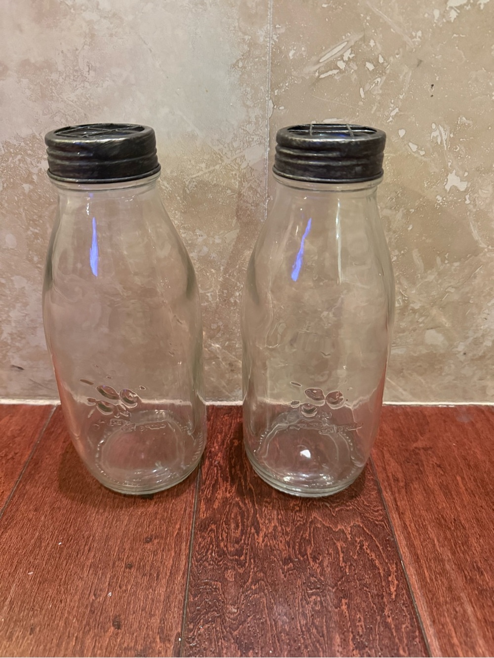 Set of 2 VTG Milk Bottle W/Metal flower frog lid hold flower stems upright even